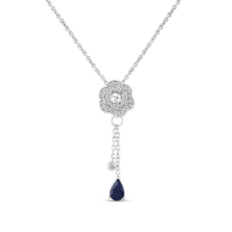 Enchanted Disney Cinderella Pear-Shaped Blue Sapphire and Diamond Rose Lariat Necklace in Sterling Silver