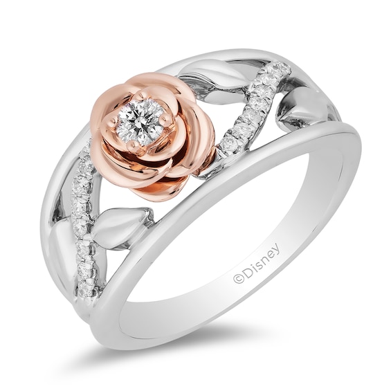 Enchanted Disney Belle 0.18 CT. T.W. Diamond Rose with Vine Band in Sterling Silver and 10K Rose Gold