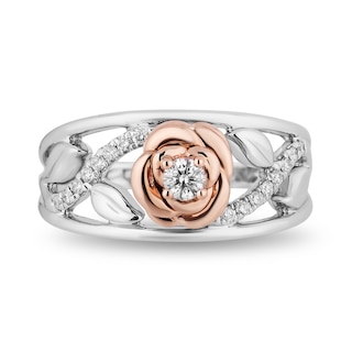 Enchanted Disney Belle 0.18 CT. T.W. Diamond Rose with Vine Band in Sterling Silver and 10K Rose Gold