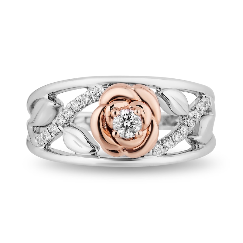 Enchanted Disney Belle 0.18 CT. T.W. Diamond Rose with Vine Band in Sterling Silver and 10K Rose Gold