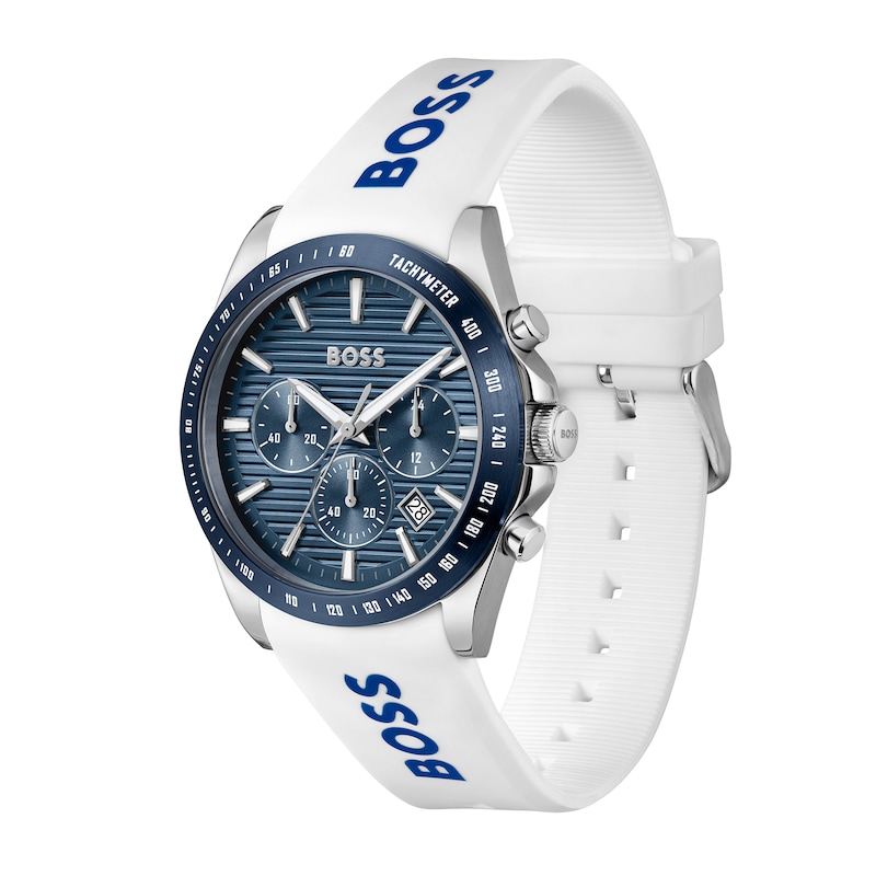 Men's Hugo Boss Strike Silicone Strap Chronograph Watch with Textured Blue Dial (Model