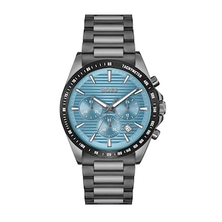 Men's Hugo Boss Strike Grey IP Chronograph Watch with Textured Light Blue Dial (Model: 1514242)