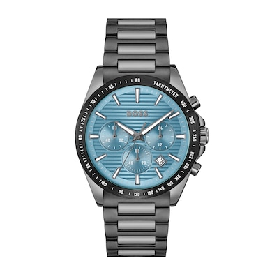 Men's Hugo Boss Strike Grey IP Chronograph Watch with Textured Light Blue Dial (Model: 1514242)