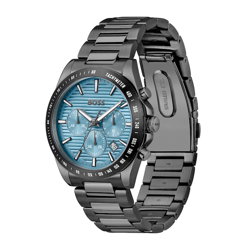 Men's Hugo Boss Strike Grey IP Chronograph Watch with Textured Light Blue Dial (Model: 1514242)