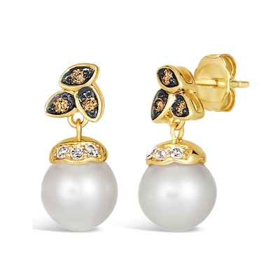 Le Vian® Freshwater Cultured Vanilla Pearl™ and 0.19 CT. T.W. Diamond Leaf Drop Earrings in 14K Honey Gold™