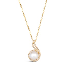 Le Vian® Freshwater Cultured Vanilla Pearl™ and 0.23 CT. T.W. Nude Diamond™ Swirl Pendant in 14K Honey Gold™ - 19&quot;