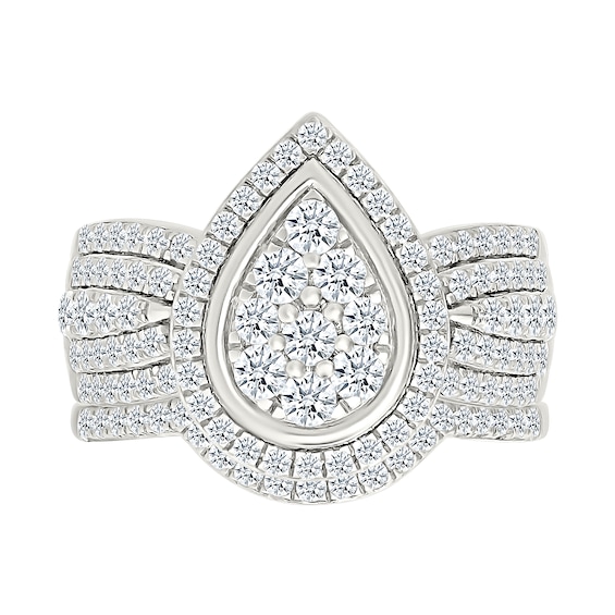 1.23 CT. T.W. Pear-Shaped Multi-Diamond Frame Multi-Row Shank Bridal Set in 10K Gold