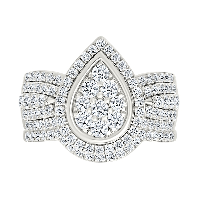 1.23 CT. T.W. Pear-Shaped Multi-Diamond Frame Multi-Row Shank Bridal Set in 10K Gold