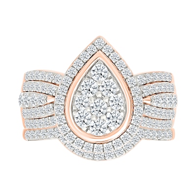 1.23 CT. T.W. Pear-Shaped Multi-Diamond Frame Multi-Row Shank Bridal Set in 10K Rose Gold