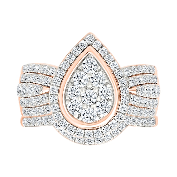 1.23 CT. T.W. Pear-Shaped Multi-Diamond Frame Multi-Row Shank Bridal Set in 10K Rose Gold