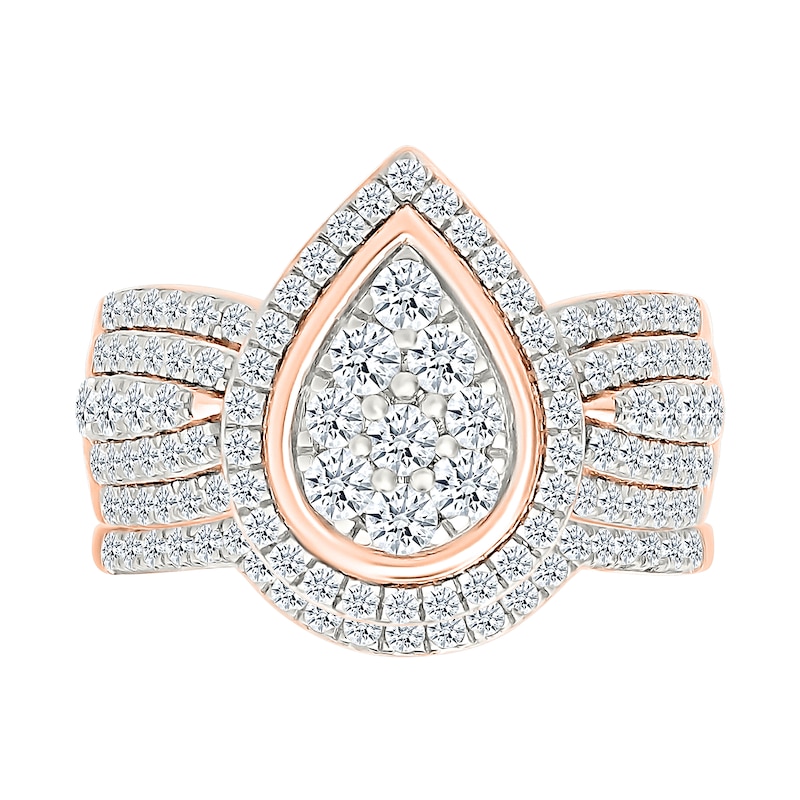 1.23 CT. T.W. Pear-Shaped Multi-Diamond Frame Multi-Row Shank Bridal Set in 10K Rose Gold