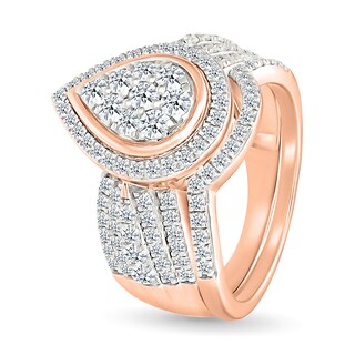 1.23 CT. T.W. Pear-Shaped Multi-Diamond Frame Multi-Row Shank Bridal Set in 10K Rose Gold