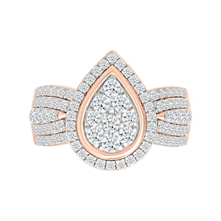 1.23 CT. T.W. Pear-Shaped Multi-Diamond Frame Multi-Row Shank Bridal Set in 10K Rose Gold