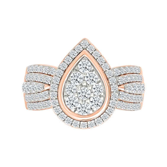 1.23 CT. T.W. Pear-Shaped Multi-Diamond Frame Multi-Row Shank Bridal Set in 10K Rose Gold