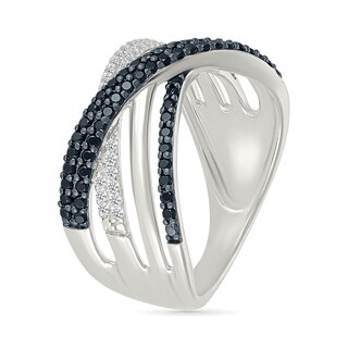 0.45 CT. T.W. Black and White Diamond Multi-Row Crossover Ring in Sterling Silver