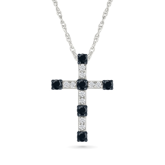 0.23 CT. T.W. Black and White Diamond Station Cross Pendant in Sterling Silver