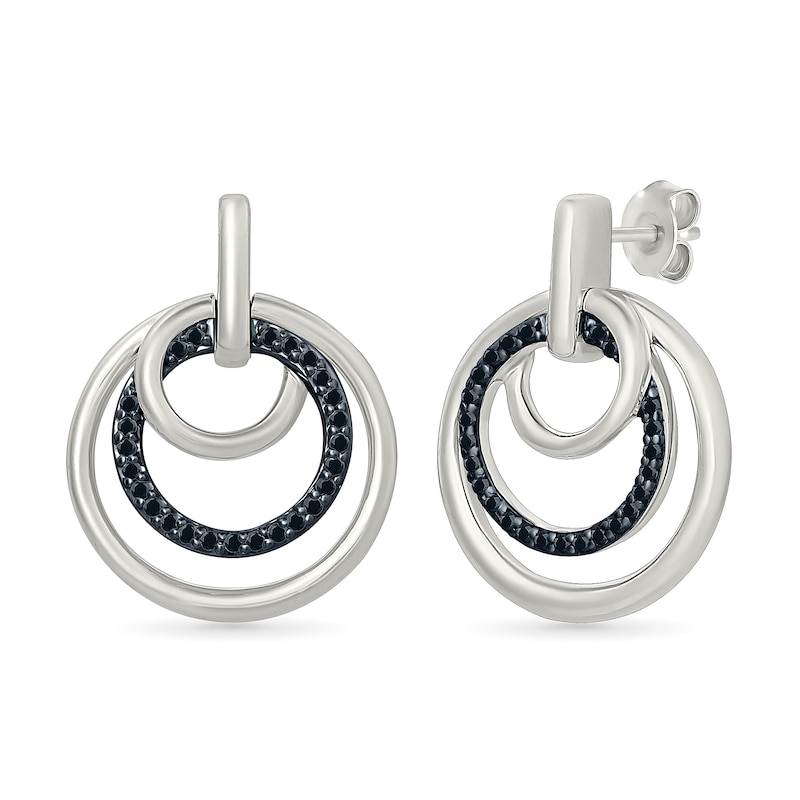 Main Image 2 of 0.18 CT. T.W. Black Diamond Triple Circle Drop Earrings in Sterling Silver