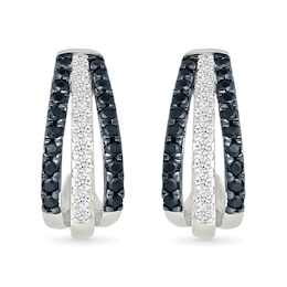 0.45 CT. T.W. Black and White Diamond Split Triple Row J-Hoop Earrings in Sterling Silver