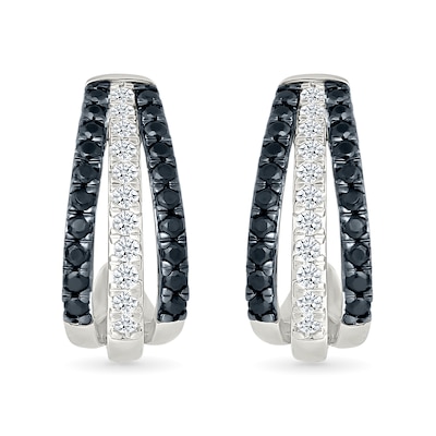 0.45 CT. T.W. Black and White Diamond Split Triple Row J-Hoop Earrings in Sterling Silver