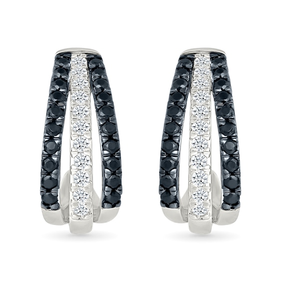 0.45 CT. T.W. Black and White Diamond Split Triple Row J-Hoop Earrings in Sterling Silver