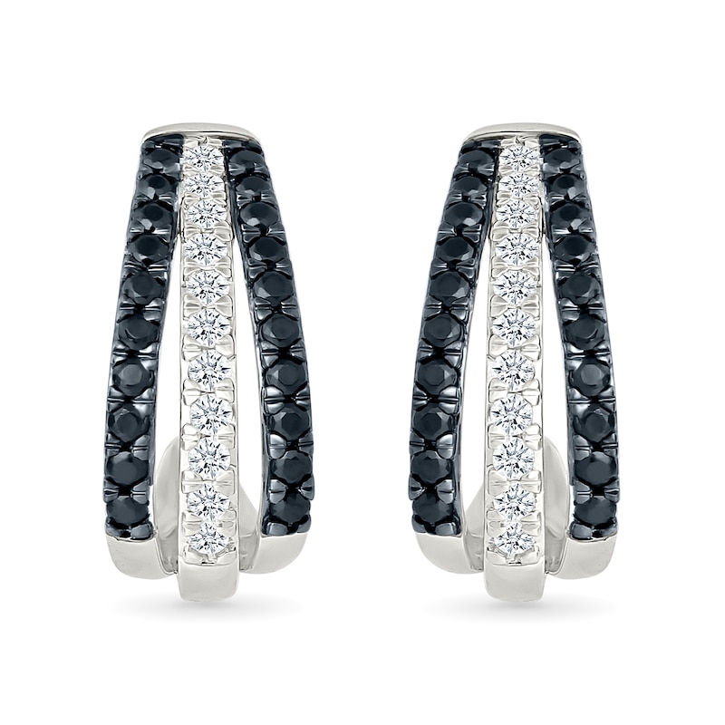 Main Image 1 of 0.45 CT. T.W. Black and White Diamond Split Triple Row J-Hoop Earrings in Sterling Silver