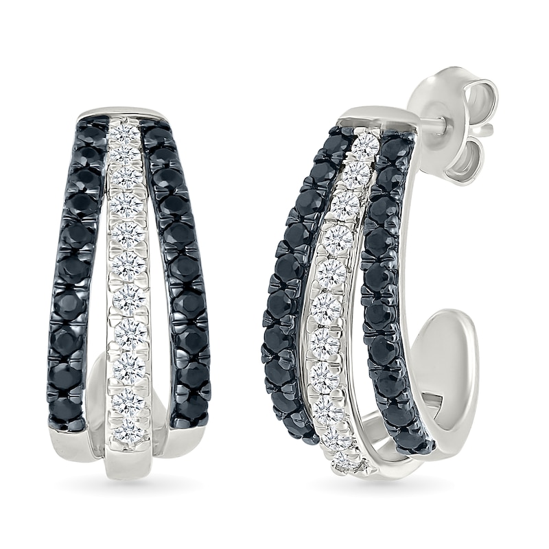 Main Image 2 of 0.45 CT. T.W. Black and White Diamond Split Triple Row J-Hoop Earrings in Sterling Silver