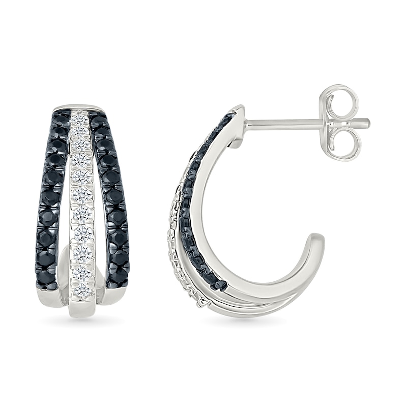 Main Image 3 of 0.45 CT. T.W. Black and White Diamond Split Triple Row J-Hoop Earrings in Sterling Silver