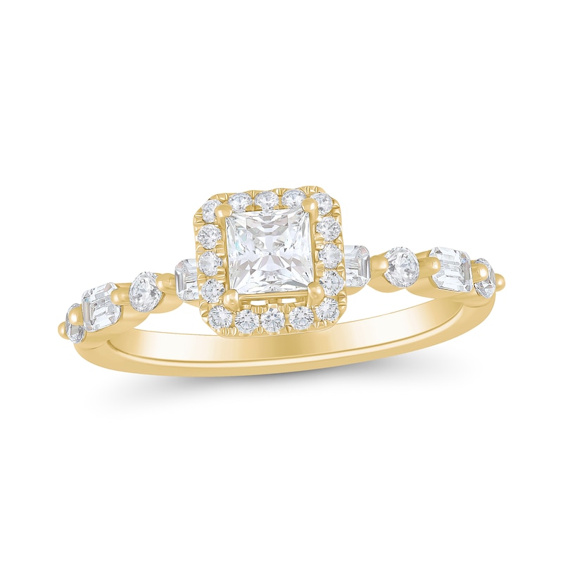 Main Image 1 of 0.95 CT. T.W. Princess-Cut Diamond Cushion Frame Alternating Shank Engagement Ring in 18K Gold