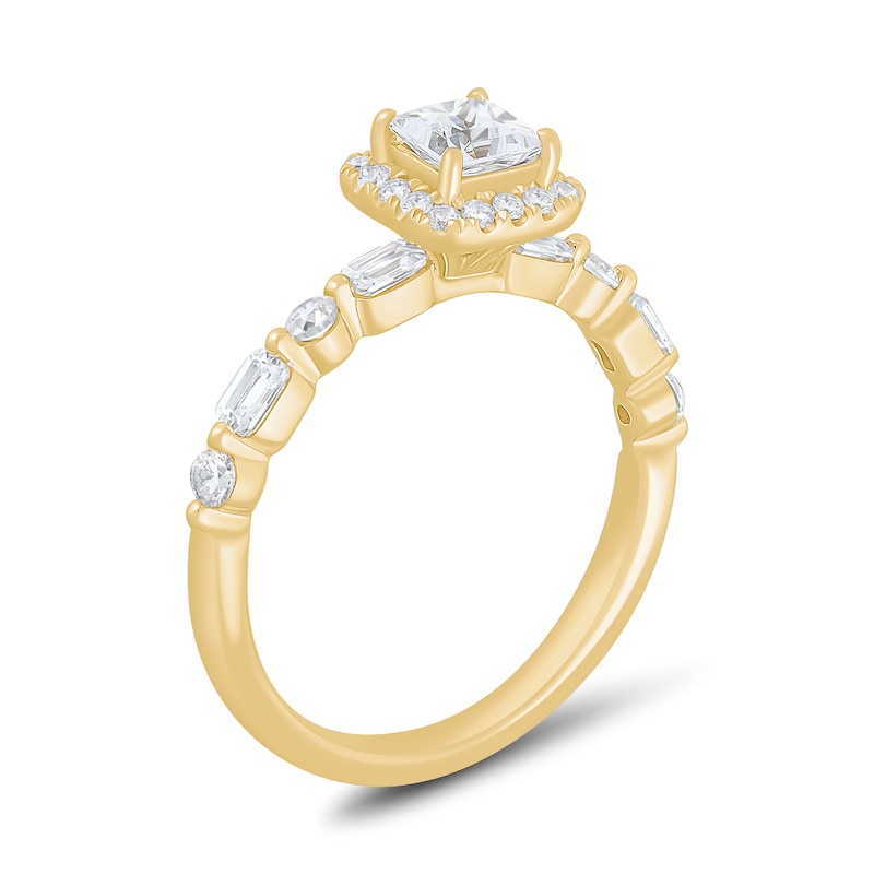 Main Image 2 of 0.95 CT. T.W. Princess-Cut Diamond Cushion Frame Alternating Shank Engagement Ring in 18K Gold