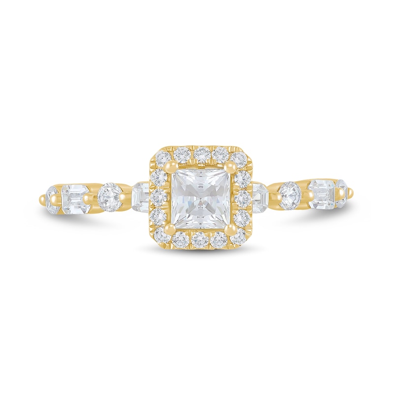 Main Image 3 of 0.95 CT. T.W. Princess-Cut Diamond Cushion Frame Alternating Shank Engagement Ring in 18K Gold