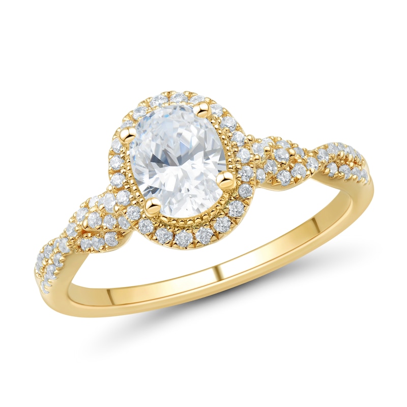 Main Image 1 of 0.95 CT. T.W. Oval Diamond Frame Twist Shank Engagement Ring in 14K Gold