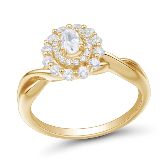 0.45 CT. T.W. Oval Diamond Double Scallop Frame Twist Shank Engagement Ring in 14K Gold