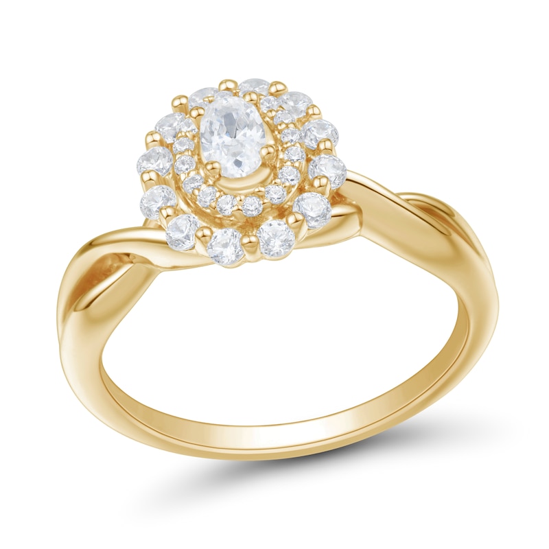 Main Image 1 of 0.45 CT. T.W. Oval Diamond Double Scallop Frame Twist Shank Engagement Ring in 14K Gold