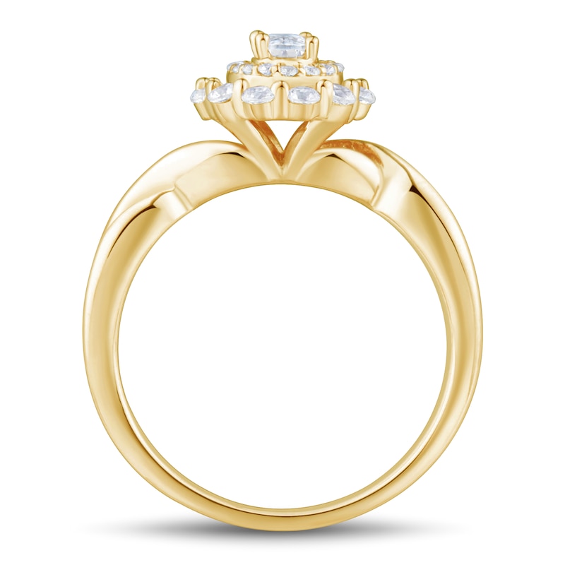 Main Image 2 of 0.45 CT. T.W. Oval Diamond Double Scallop Frame Twist Shank Engagement Ring in 14K Gold