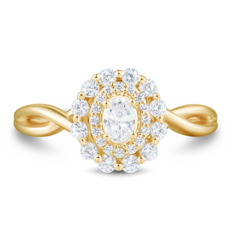 Main Image 3 of 0.45 CT. T.W. Oval Diamond Double Scallop Frame Twist Shank Engagement Ring in 14K Gold