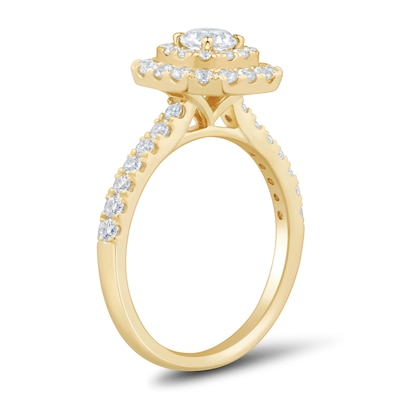 0.95 CT. T.W. Diamond Double Cushion Frame Engagement Ring in 18K Gold