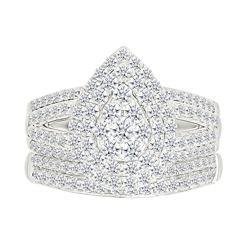 1.45 CT. T.W. Pear-Shaped Multi-Diamond Double Frame Multi-Row Split Shank Bridal Set in 10K Gold