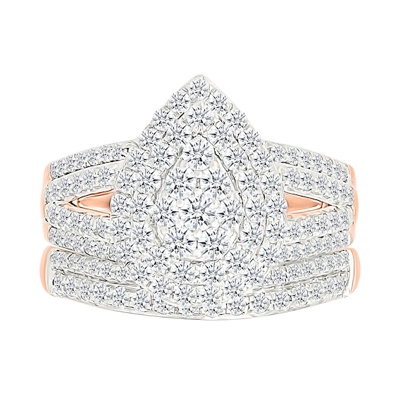 1.45 CT. T.W. Pear-Shaped Multi-Diamond Double Frame Multi-Row Split Shank Bridal Set in 10K Rose Gold