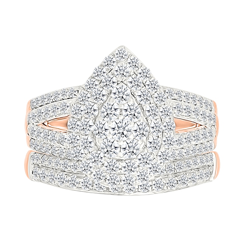 1.45 CT. T.W. Pear-Shaped Multi-Diamond Double Frame Multi-Row Split Shank Bridal Set in 10K Rose Gold