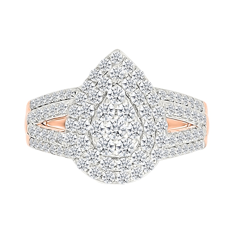 1.45 CT. T.W. Pear-Shaped Multi-Diamond Double Frame Multi-Row Split Shank Bridal Set in 10K Rose Gold