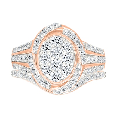 1.23 CT. T.W. Oval-Shaped Multi-Diamond Swirl Frame Triple Row Shank Bridal Set in 10K Rose Gold