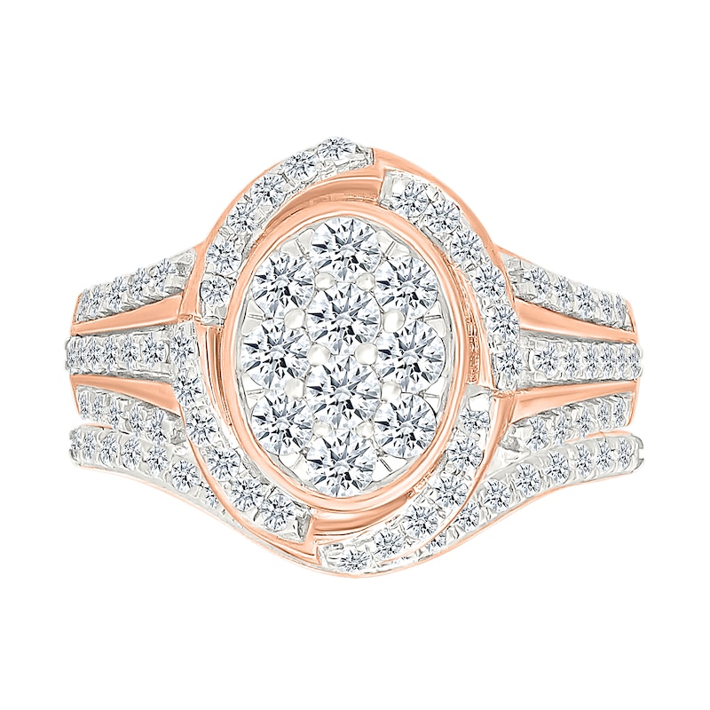 1.23 CT. T.W. Oval-Shaped Multi-Diamond Swirl Frame Triple Row Shank Bridal Set in 10K Rose Gold