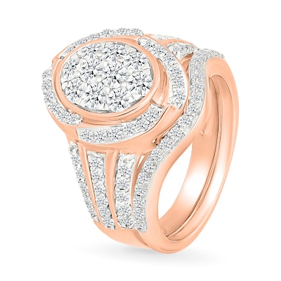 1.23 CT. T.W. Oval-Shaped Multi-Diamond Swirl Frame Triple Row Shank Bridal Set in 10K Rose Gold