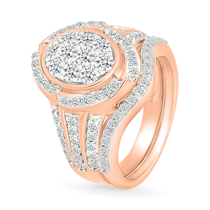 1.23 CT. T.W. Oval-Shaped Multi-Diamond Swirl Frame Triple Row Shank Bridal Set in 10K Rose Gold