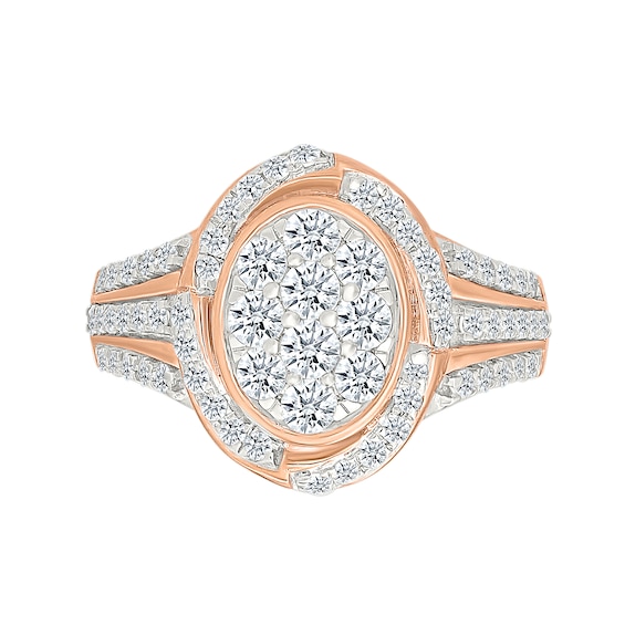 1.23 CT. T.W. Oval-Shaped Multi-Diamond Swirl Frame Triple Row Shank Bridal Set in 10K Rose Gold