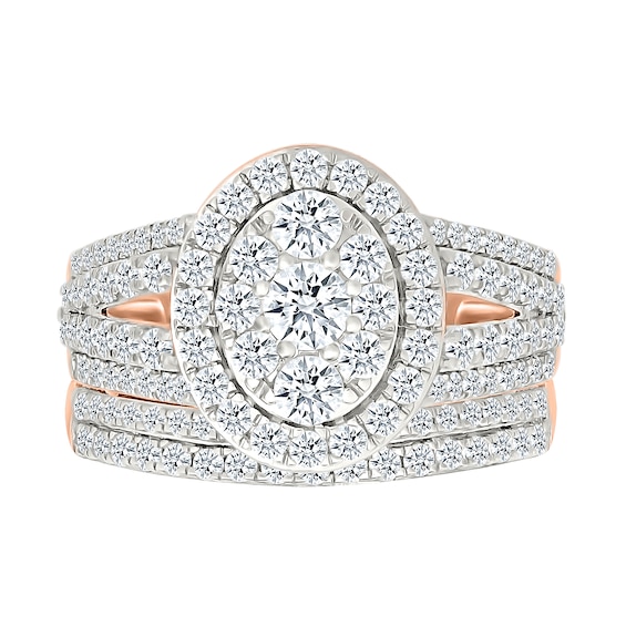 1.45 CT. T.W. Oval-Shaped Multi-Diamond Frame Multi-Row Split Shank Bridal Set in 10K Rose Gold