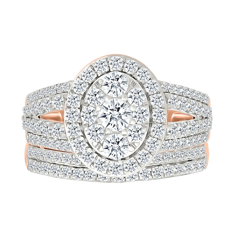 1.45 CT. T.W. Oval-Shaped Multi-Diamond Frame Multi-Row Split Shank Bridal Set in 10K Rose Gold