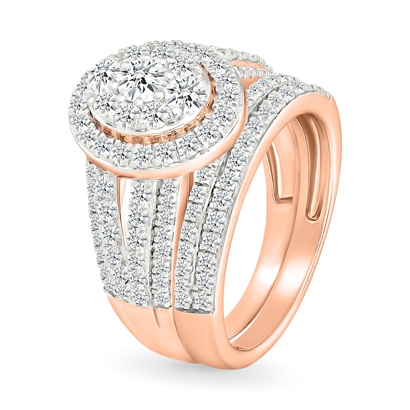 1.45 CT. T.W. Oval-Shaped Multi-Diamond Frame Multi-Row Split Shank Bridal Set in 10K Rose Gold