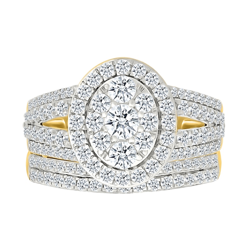 1.45 CT. T.W. Oval-Shaped Multi-Diamond Frame Multi-Row Split Shank Bridal Set in 10K Gold