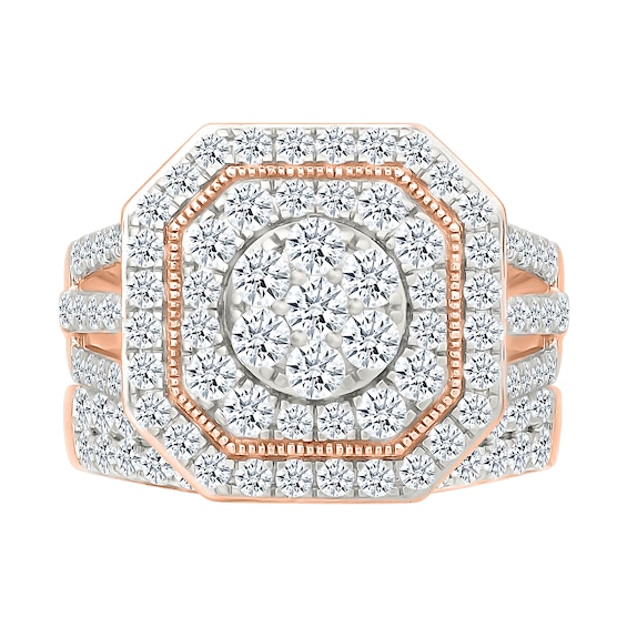 1.95 CT. T.W. Multi-Diamond Double Octagonal Frame Triple Row Split Shank Bridal Set in 10K Rose Gold